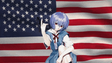 a girl with red eyes is holding a gun in front of the american flag