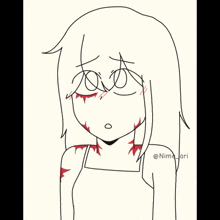 a drawing of a girl with blood on her face and hearts surrounding her