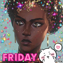 a picture of a woman with the words friday written in pink letters