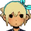 a close up of a cartoon character 's face with a blue bow in his hair .