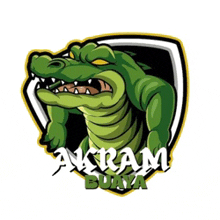 a cartoon crocodile in a shield with the words akram buaya below it