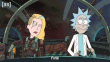 a cartoon of rick and morty sitting in a car with the word fine below them