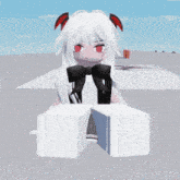 a girl with white hair and red eyes is sitting on a white cube