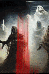 a group of ghosts standing in front of a red curtain with the letter i on it