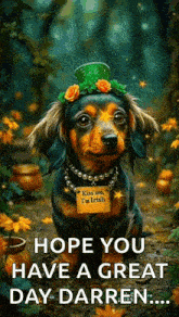 a dachshund wearing a leprechaun hat and a necklace is sitting in a forest .