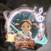 a picture of a girl in a circle with a music note in the middle of it .