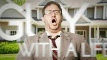a man in a suit and tie is yawning in front of a house with the words guy with ale behind him