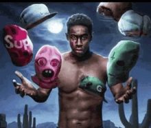a shirtless man is surrounded by a bunch of masks including one that says supreme