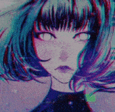 a girl with purple hair and white eyes is wearing a black top