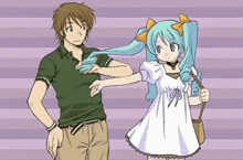 a man and a girl are standing next to each other and the girl has blue hair