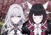 two anime girls standing next to each other in front of a cherry blossom tree