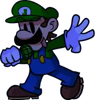 a cartoon drawing of a man in overalls and a green hat with a letter l on it