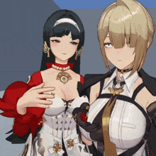 two anime girls standing next to each other with one wearing a necklace