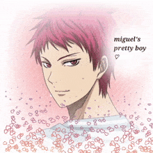 a drawing of a boy with red hair and the words miguel 's pretty boy above him