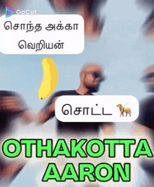 a blurry picture of a man holding a banana and a dog with the words othakotta aaron