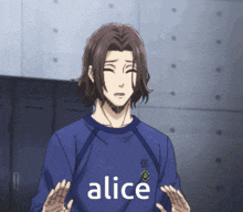 a man in a blue shirt that says alice on it