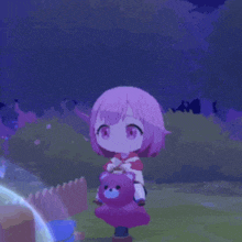 a cartoon girl with pink hair is holding a purple teddy bear