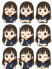 a girl in a blue shirt has many different faces