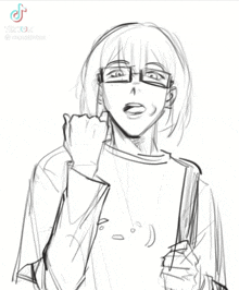 a black and white drawing of a person with glasses and a smiley face on their shirt