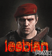 a man is wearing a red beret and holding a knife with the word lesbian written on it