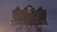 a robot with a skull on it 's head is flying through the air