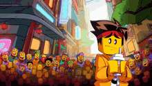 a cartoon of a man holding a cup in front of a crowd of people