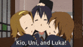 a picture of three anime characters with the words kio uni and luka