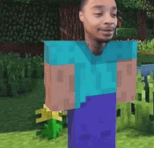 a man in a blue shirt and purple pants is standing in a minecraft game .