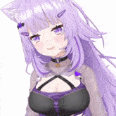 a close up of a girl with purple hair and a black top