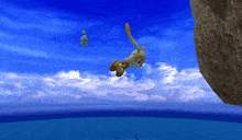 a cartoon character is falling off a cliff into the water