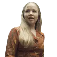 a woman with long blonde hair is wearing a red shirt