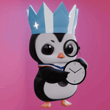 a penguin with a crown and glasses holds a clock