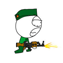 a cartoon character is holding a gun with a red star on it