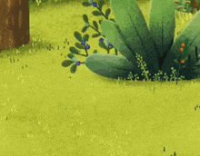 a cartoon eagle is looking through a magnifying glass in the grass .