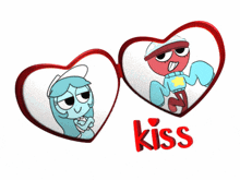 a couple of cartoon characters in hearts with the word kiss below them
