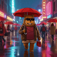a cartoon of a bear holding a red umbrella in front of a sign that says hosil