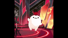 a cartoon character is dancing in front of a sign that says ' a ' on it