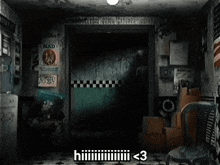 a dark room with boxes and a sign that says hiii