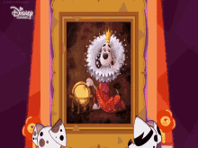 a dalmatian dog wearing a crown and a crowned hat is sitting in front of a disney channel advertisement