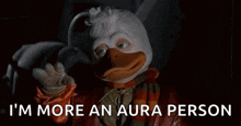 a duck with a mask on his face is standing in the dark and says `` i 'm more an aura person '' .