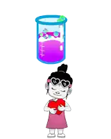 a girl is holding a heart in front of a beaker with bubbles in it
