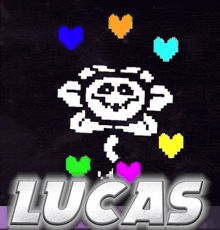 a lucas logo with a flower and hearts on it
