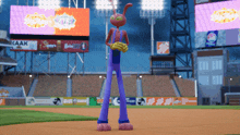 a cartoon character stands on a baseball field holding a pitching glove