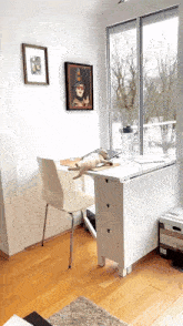 a cat laying on a desk with a picture of a monkey on the wall above it