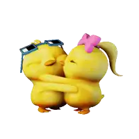 a couple of chicks hugging each other with one wearing sunglasses and a pink bow