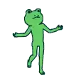 a green frog is standing with its arms outstretched and looking at the camera .