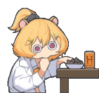 a cartoon of a girl sitting at a table next to a can of ramot
