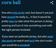 a definition of the word cornball is displayed
