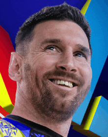 a man with a beard is smiling with a colorful background