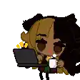 a pixel art drawing of a girl sitting in front of a laptop holding a cup of coffee .